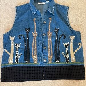 Dress Barn 90’s Retro Whimsy Denim Button Down Vest with Cat Design Crochet Hem